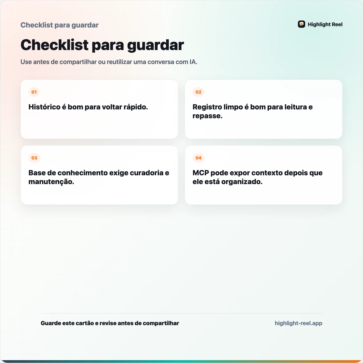 Checklist para guardar sobre Base de conhecimento de IA ou histórico de chat: onde guardar conversas úteis