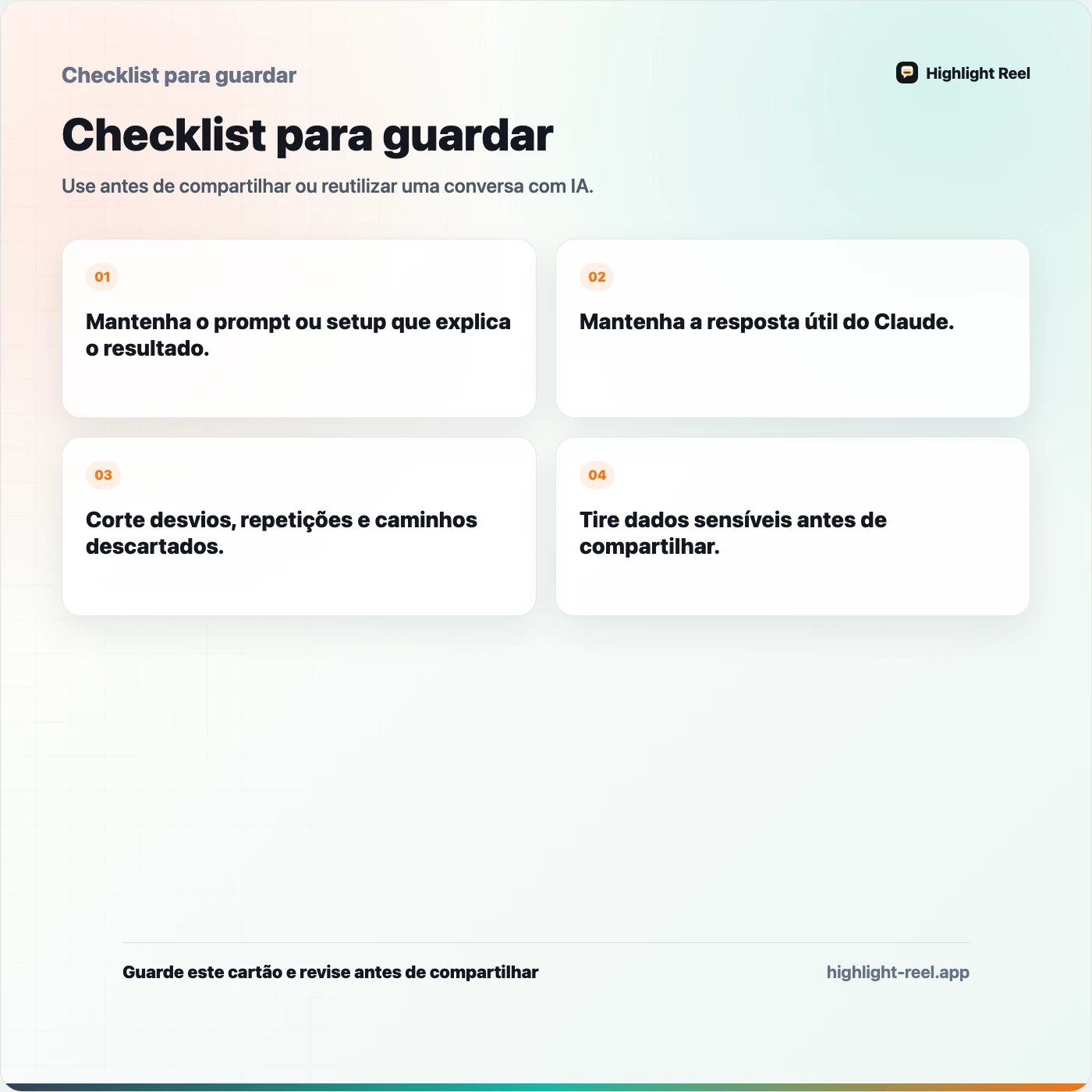 Checklist para guardar sobre Chat compartilhado do Claude ou registro limpo: o que enviar para colegas