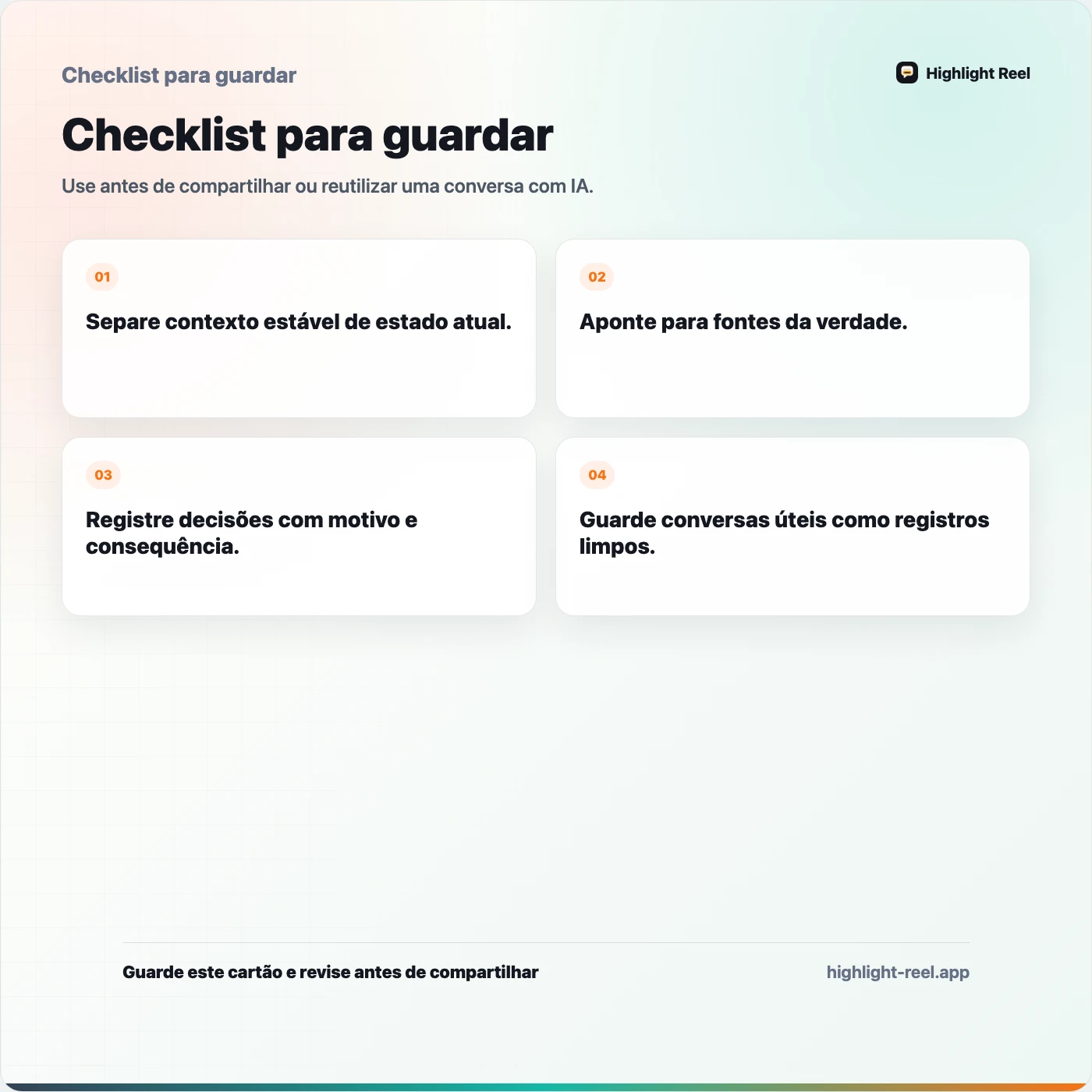Checklist para guardar sobre Como montar um pacote de contexto reutilizável para projetos com IA
