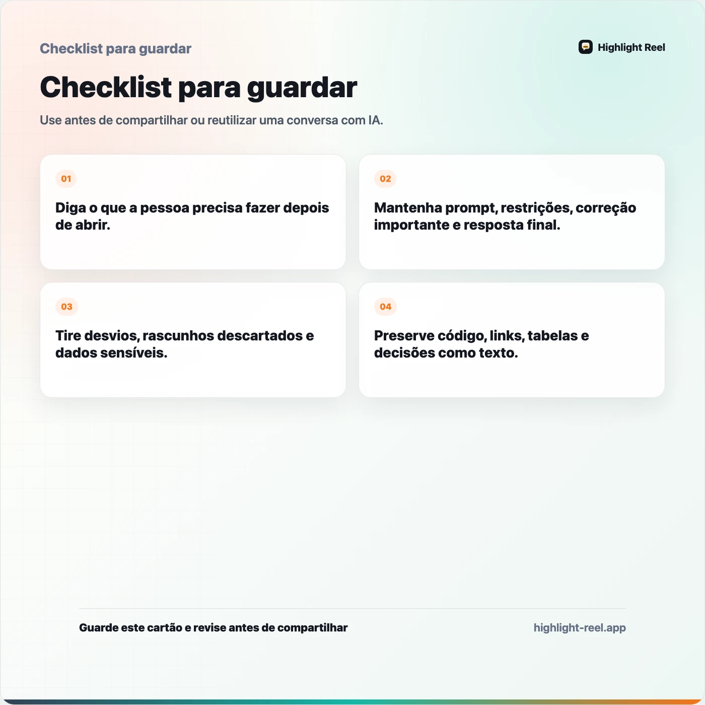 Checklist para guardar sobre Como compartilhar registros de chat com IA com sua equipe