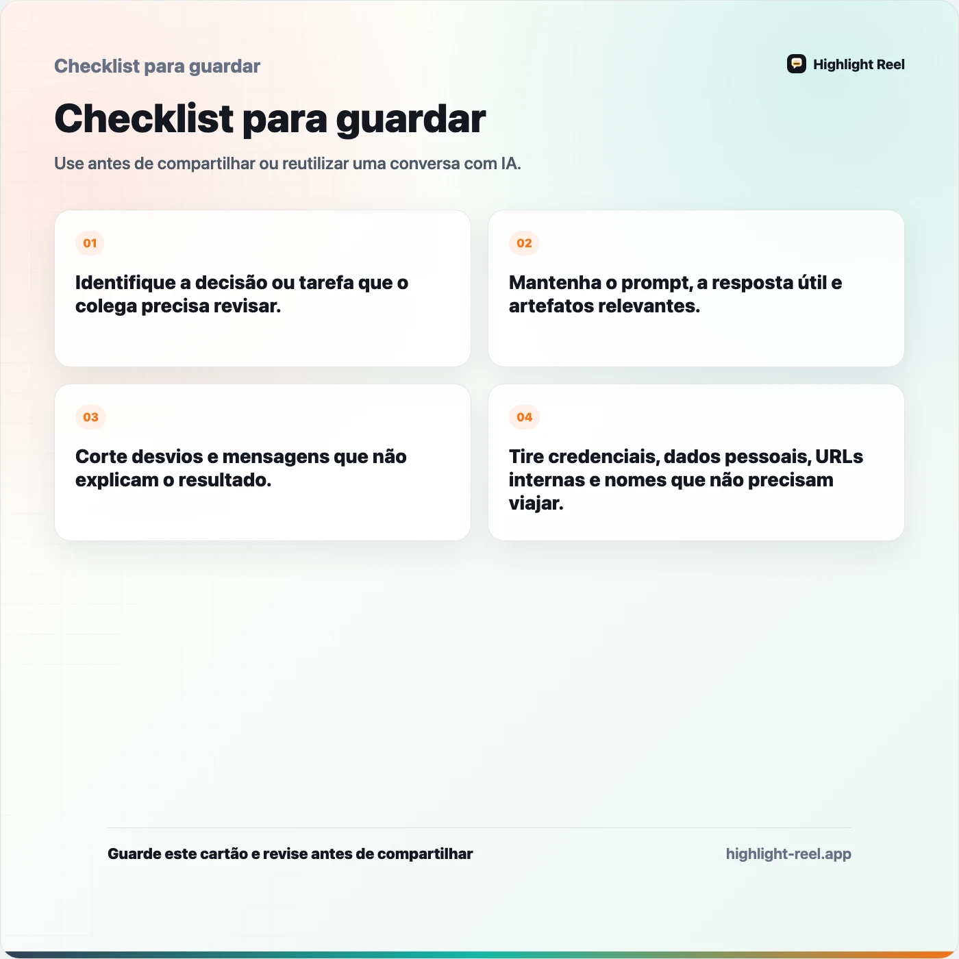 Checklist para guardar sobre Como compartilhar chats do Claude com colegas sem mandar a conversa inteira