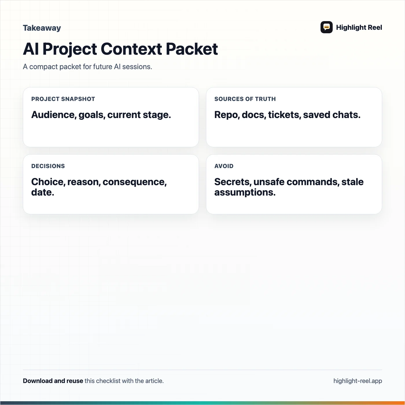 A downloadable AI project context packet template with project snapshot, sources of truth, decisions, and avoid list