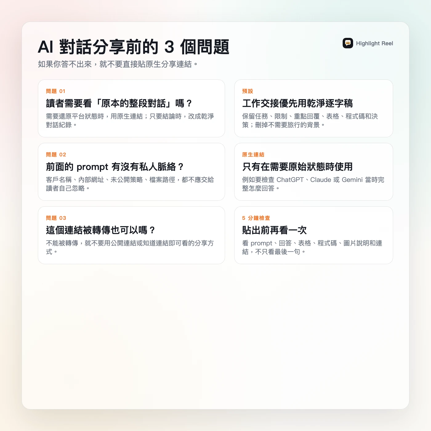 一張可下載的繁體中文 AI 對話分享檢查卡，列出分享前要問的三個問題和預設處理方式