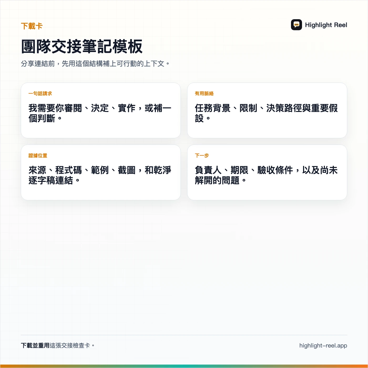 一張繁體中文 ChatGPT 工作交接筆記模板卡，包含一句話交接、原始任務、結果、脈絡、來源、風險與下一步