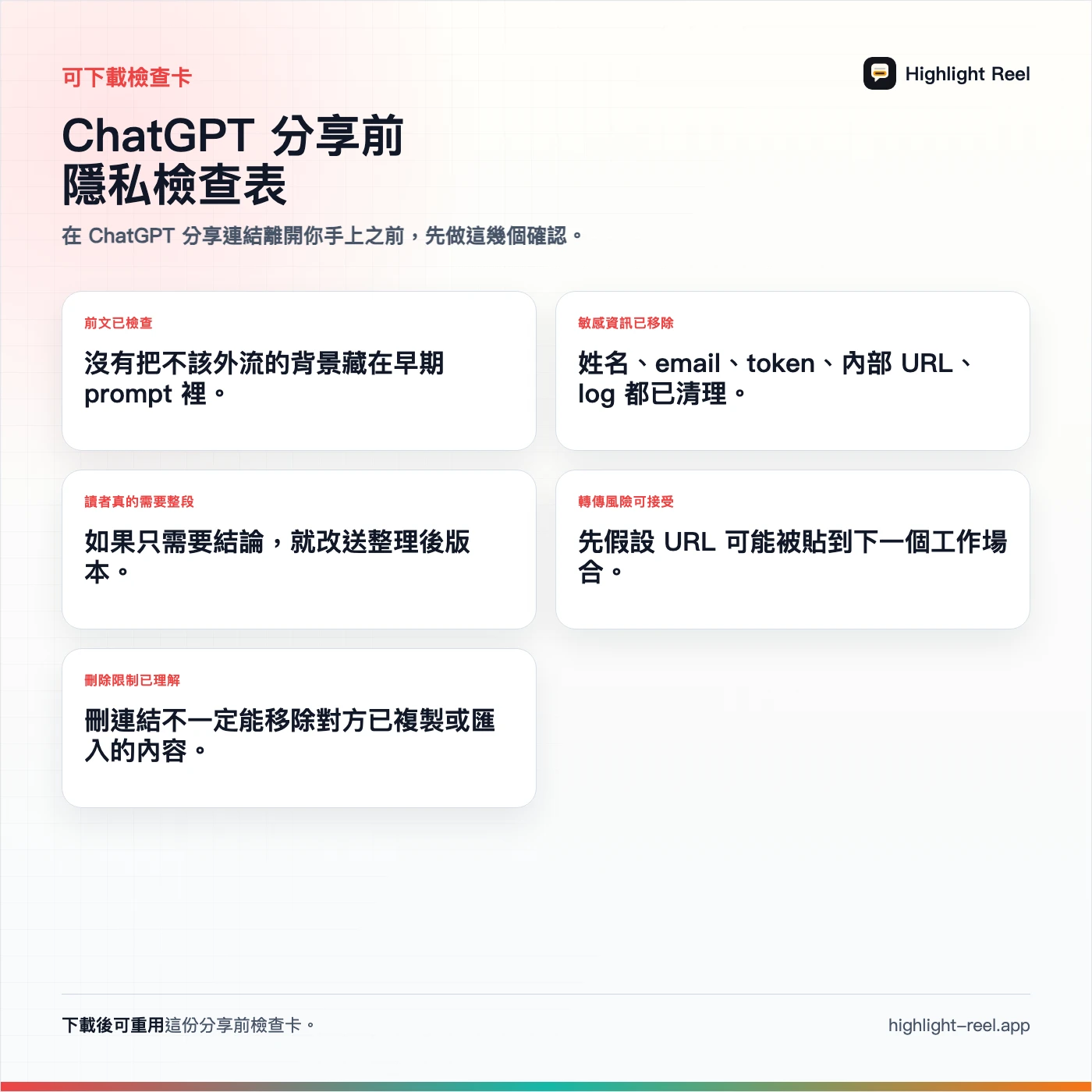 一張繁體中文 ChatGPT 分享前隱私檢查表，列出 prompt、個資、token、內部 URL、轉傳風險與整理格式