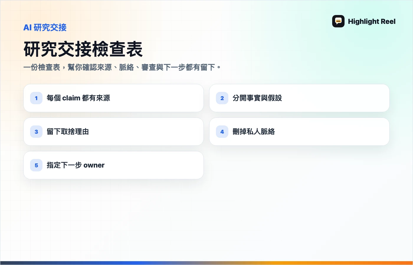 保存與分享 AI 工作的檢查表: 研究交接檢查表