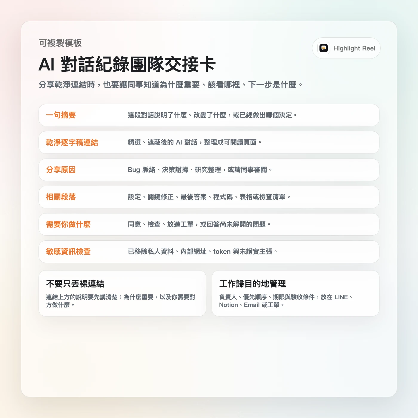 一張繁體中文 AI 逐字稿團隊交接模板卡，包含摘要、相關段落、需求動作、負責人和敏感資訊檢查
