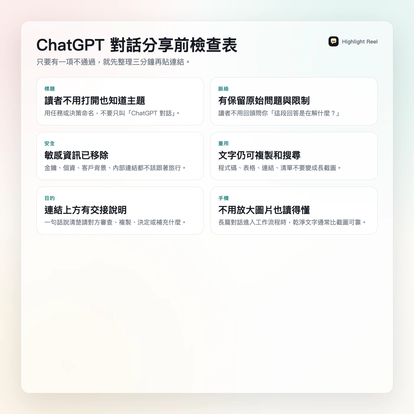 一張繁體中文 ChatGPT 對話分享檢查表，列出保留、刪除、改寫與送出前確認項目